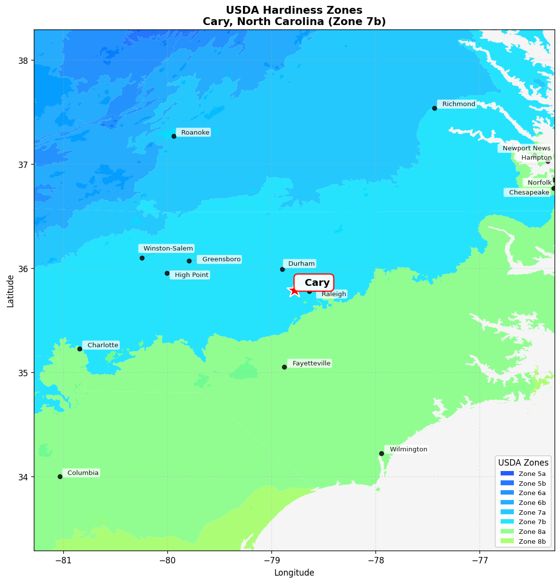 USDA Hardiness Zone 7b Map for Cary, NC